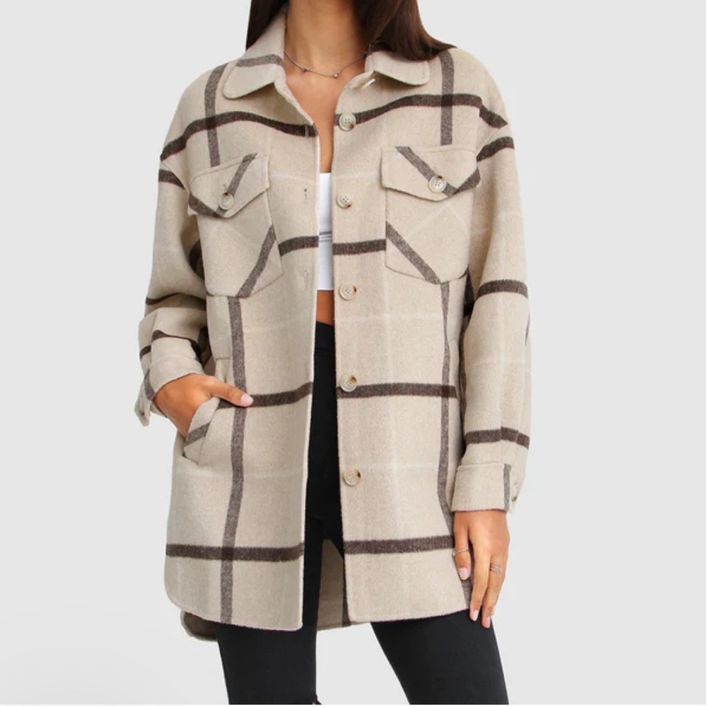 new belle and bloom wool plaid shacket in tan beige combo